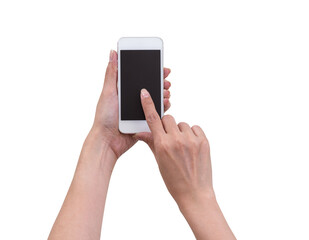 Hand holding mobile phone isolated