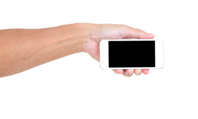 Hand holding mobile phone isolated