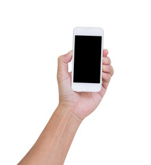 Hand holding mobile phone isolated