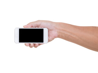 Hand holding mobile phone isolated