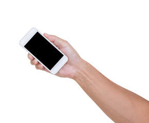 Hand holding mobile phone isolated
