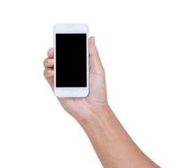 Hand holding mobile phone isolated