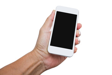 Hand holding mobile phone isolated