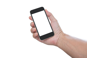Hand holding mobile phone isolated