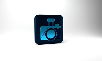 Blue Photo camera icon isolated on grey background. Foto camera. Digital photography. Blue square button. 3d illustration 3D render