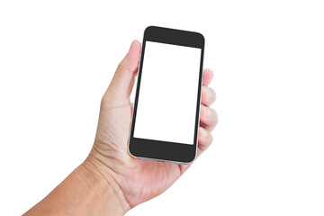 Hand holding mobile phone isolated