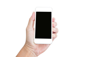 Hand holding mobile phone isolated