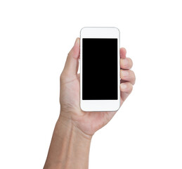 Hand holding mobile phone isolated