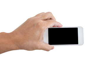 Hand holding mobile phone isolated
