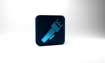 Blue Flashlight icon isolated on grey background. Blue square button. 3d illustration 3D render
