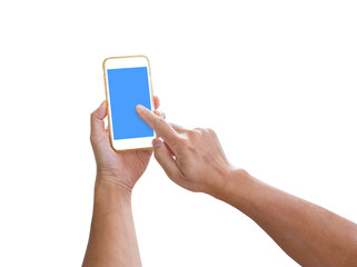 Hand holding mobile phone isolated