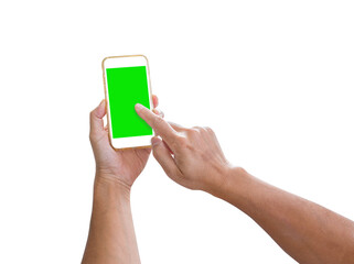 Hand holding mobile phone isolated