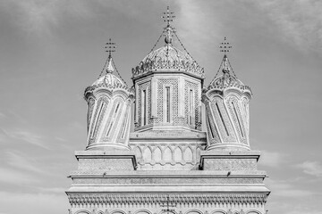 Towers of the Cathedral of Curtea de Arges, byzantyne style with arabesques ornaments, orthodox...