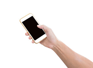 Hand holding mobile phone isolated