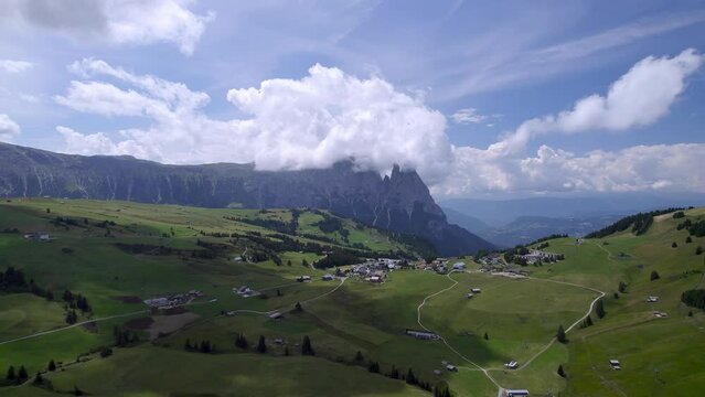 Aerial fly to Schlern in Dolomites, Schlern in clouds