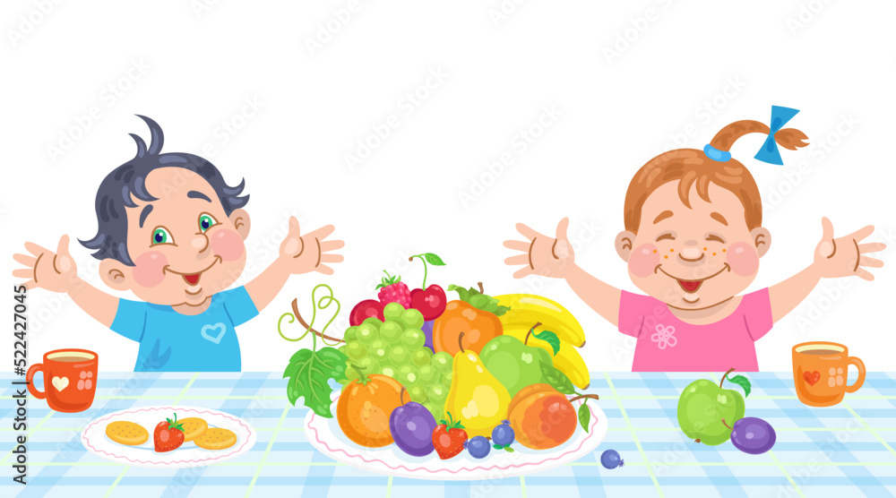 Wall mural Healthy food. Happy little children are sitting at the table with a big plate of fruits. In cartoon style. Isolated on white background. Vector flat illustration.