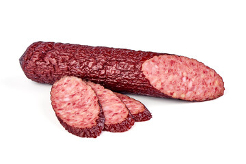 Hot smoked salami sausage, isolated on white background.