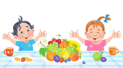 Healthy food. Happy little children are sitting at the table with a big plate of fruits. In cartoon style. Isolated on white background. Vector flat illustration.