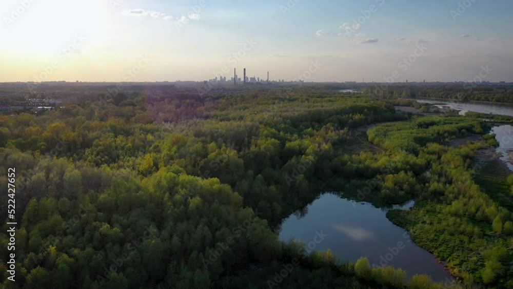 Poster Vistula River in Zawady area of Warsaw, Poland, 4k video, downtown on background