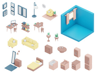 3D rendering isometric of house furniture icon for living room kitchen bedroom office and empty room with window isolate on white for sticker or commercial design. 3D render cartoon illustration.