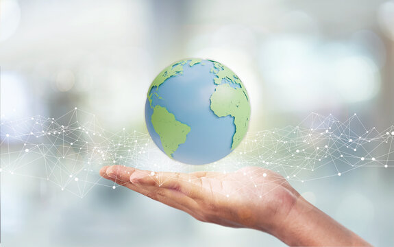 concept of earth day cute global or planet earth with man hand on blur white bokeh background. abstract plexus 3D illustration                        