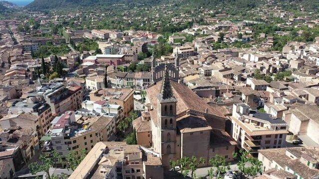 Arial view of old town of Soller with St Bartholew's Church, Mallorca