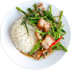 Stir Fry Crispy Pork With Morning Glory, jasmine rice