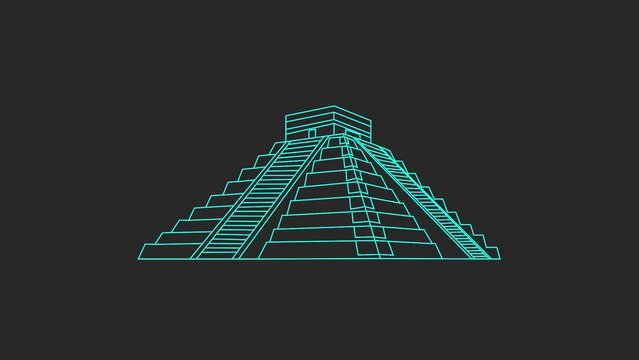 Animation or motion graphic Neon line drawing outline of Chichen Itza Aztec Mayan temple in Mexico on a dark background
