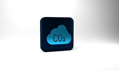 Blue CO2 emissions in cloud icon isolated on grey background. Carbon dioxide formula, smog pollution concept, environment concept. Blue square button. 3d illustration 3D render