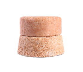 Solid shampoo bars on white background. Hair care