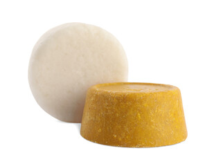 Solid shampoo bars on white background. Hair care