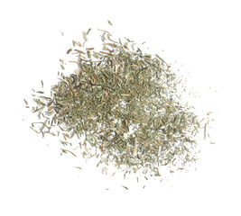 Tasty aromatic dry dill on white background, top view