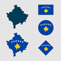 Vector of Kosovo country outline silhouette with flag set isolated on white background. Collection of Kosovo flag icons with square, circle, rectangle and map shapes.