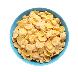 Bowl of tasty crispy corn flakes isolated on white, top view