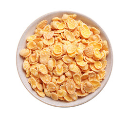 Bowl of tasty crispy corn flakes isolated on white, top view