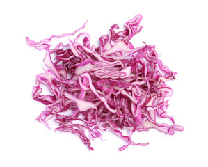 Shredded fresh red cabbage isolated on white, top view