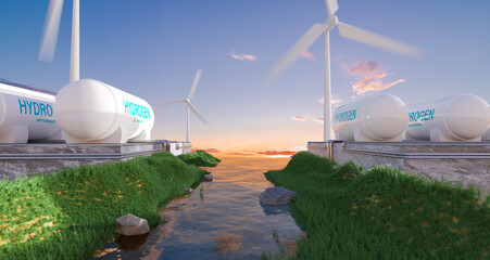 hydrogen power and wind tubine for generate green hydrogen nearly big river, zero emission power, 3d illustration rendering