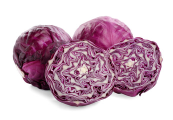 Obraz premium Whole and cut red cabbages on white background