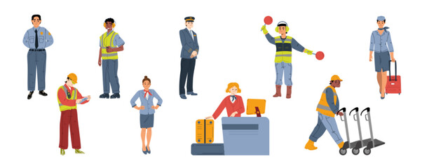 Obraz na płótnie Canvas Airport staff pilot, air traffic controller with light signals, check-in and scanner employee, security, stewardess or air hostess women, loader worker with trolley, Line art flat vector illustration