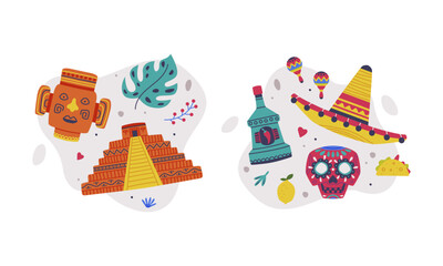Obraz premium Traditional Mexican symbols set. Ancient aztec pyramid, tequila bottle, sombrero hat, sugar skull cartoon vector illustration