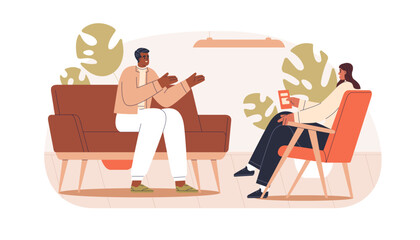 Celebrity guest talking to host at TV interview show. Happy black man and woman interviewer conversation, communication, dialog in studio. Flat vector illustration isolated on white background