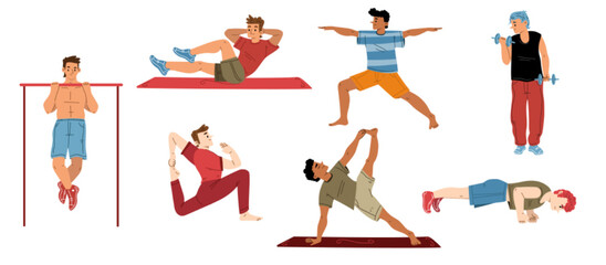 Man exercise, yoga, male characters workout in gym with dumbbells, sportsman doing gymnastics and asana, pumping press, stand on fists and pull up on crossbar, Line art flat vector illustration, set