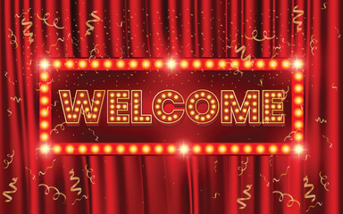Welcome banner. Welcome neon retro 3d classic banner on red curtains background realistic vector 