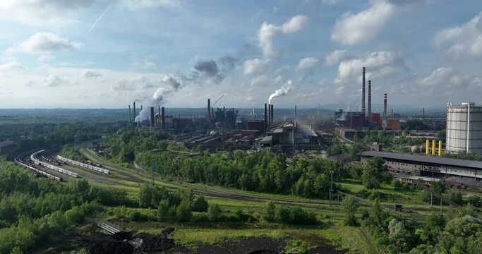 Industrial metallurgical plant in Ostrava (Czech Republic) Industrial zone, coal power plant. Aerial view. 