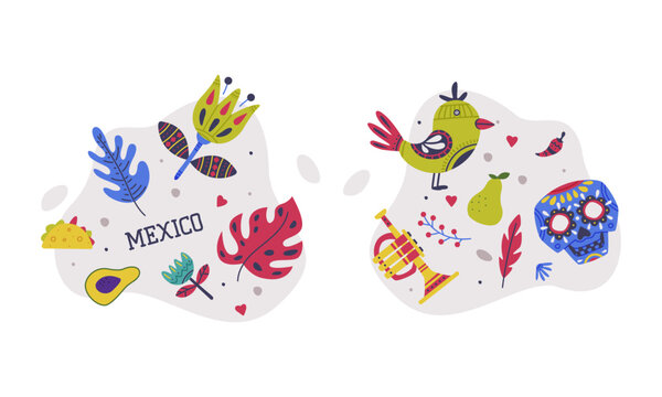 Set of Mexican traditional culture elements cartoon vector illustration