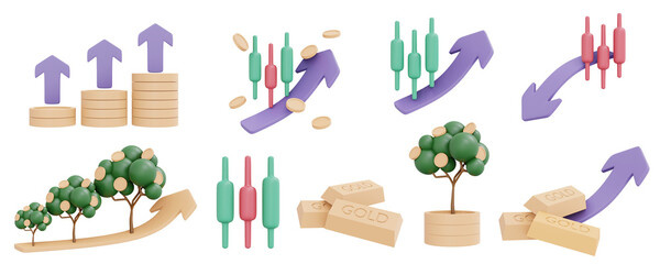 3D Rendering of money icon set concept of investment stock market money tree and gold isolated on white background. 3D Render illustration cartoon style.