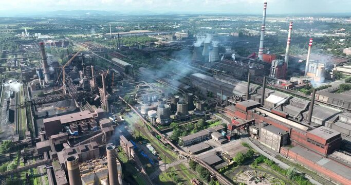 Industrial metallurgical plant in Ostrava (Czech Republic) Industrial zone, coal power plant. Aerial view. 