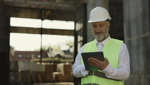 Positive mature foreman in hardhat contacting with contractor while working on digital tablet at outdoor building site. Concept of modern technology and construction industry.