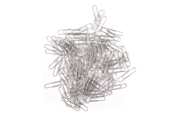 A pile of paperclips on a white background, Flatlay, Isolated on White, Top Down View