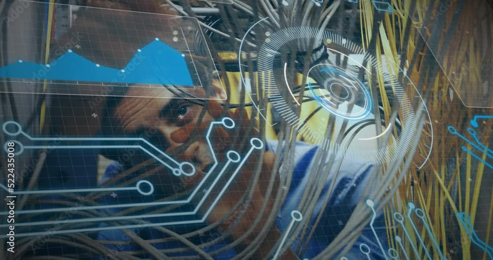 Poster animation of round scanner and data processing over caucasian male engineer working at server room